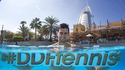 Novak Djokovic shown promoting the Dubai Duty Free Tennis Championships at Wild Wadi Waterpark in Dubai. Photo Courtesy / Dubai Duty Free Tennis Championships