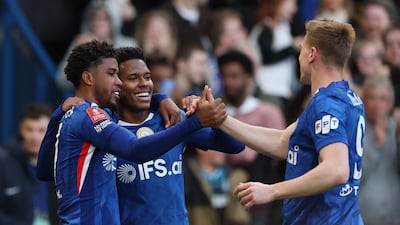 Chelsea's Andrey Santos celebrates scoring the fifth goal with Liam Delap and Estevao during the FA Cup quarter-final against Port Vale. Reuters