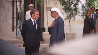 Sheikh Khaled bin Mohamed, Crown Prince of Abu Dhabi, and French President Emmanuel Macron attending the UAE-France Business Dialogue at Qasr Al Watan. Photo: Abu Dhabi Media Office