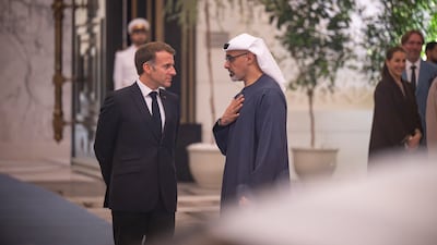 Sheikh Khaled bin Mohamed, Crown Prince of Abu Dhabi, and French President Emmanuel Macron attending the UAE-France Business Dialogue at Qasr Al Watan. Photo: Abu Dhabi Media Office