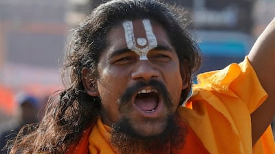 A Hindu holy man shouts slogans at the venue of a gathering organised by the Vishva Hindu Parishad in Ayodhya, Uttar Pradesh, India. Reuters