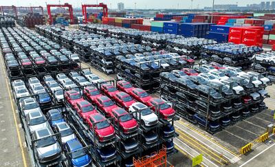 BYD electric cars waiting to be loaded onto a ship at the international container terminal of Taicang Port at Suzhou Port, in China’s eastern Jiangsu province. AFP