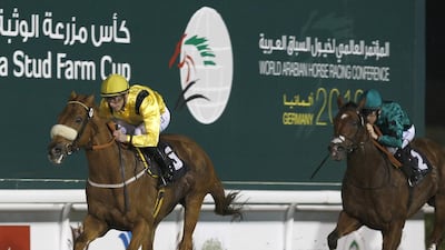 Jaasoos, left, returns to the Abu Dhabi Equestrian Club, the site of four of his seven career victories, for the National Day Cup Prep race. Mike Young / The National