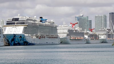 A line of cruise ships are docked at PortMiami in Miami in March this year. Cruise liners are preparing to set sail once more after being confined to docks during the coronavirus pandemic, but some passengers remain wary of their ability to maintain social distancing guidelines. AP Photo