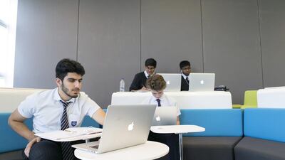 Gems Wellington Academy has converted classrooms into a “blended learning plaza”, which provides a flexible environment for pupils to learn. Reem Mohammed / The National