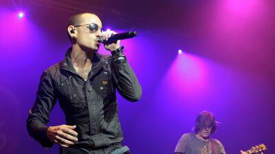 Chester Bennington, left, performs during the MMRBQ Music Festival 2015 at the Susquehanna Bank Center in Camden OWEN SWEENEY/INVISION/AP