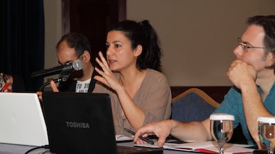 Artist and curator Rijin Sahakian speaks at a Sharjah Art Foundation event. Photo: Sharjah Art Foundation