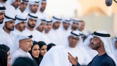 Sheikh Mohamed bin Zayed speaks with members of Aqdar World Summit during a Sea Palace barza.