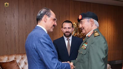 Libyan Field Marshal Khalifa Haftar, right, in his Benghazi office meeting Turkey's intelligence chief Ibrahim Kalin. Photo: Libyan National Army