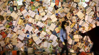A wall of banned books at the 14th Erbil International Book Fair in Erbil, the capital of the Kurdistan Region, Iraq. EPA