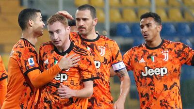 Dejan Kulusevski with his teammates after scoring the first against Parma. EPA