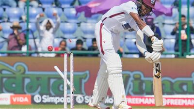 West Indies batter Khary Pierre bowled by India's Jasprit Bumrah for 23 as the tourists were all out for 248 in their first innings. AP