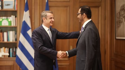 Dr Sultan Al Jaber, Minister of Industry and Advanced Technology, meets with the Greek Prime Minister Kyriakos Mitsotakis. Wam