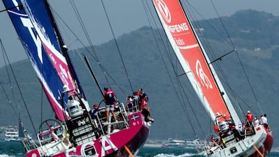Team SCA, left, and Dongfeng Race Team, right, leave port in Sanya, China on Sunday at the start of Leg 4 of the Volvo Ocean Race. Vicente Mina / AFP / February 8, 2015