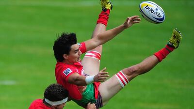 Vidinha Antonio of Portugal, right, challenges for the aerial ball during Day One of the 2016 Rugby Europe Men’s Sevens Championships at Sandy Park in Exeter, England. Harry Trump / Getty Images