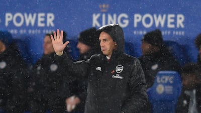Arsenal's Spanish head coach Unai Emery gestures on the touchline during the English Premier League football match between Leicester City and Arsenal at King Power Stadium in Leicester, central England on November 9, 2019. RESTRICTED TO EDITORIAL USE. No use with unauthorized audio, video, data, fixture lists, club/league logos or 'live' services. Online in-match use limited to 120 images. An additional 40 images may be used in extra time. No video emulation. Social media in-match use limited to 120 images. An additional 40 images may be used in extra time. No use in betting publications, games or single club/league/player publications. / AFP / Oli SCARFF / RESTRICTED TO EDITORIAL USE. No use with unauthorized audio, video, data, fixture lists, club/league logos or 'live' services. Online in-match use limited to 120 images. An additional 40 images may be used in extra time. No video emulation. Social media in-match use limited to 120 images. An additional 40 images may be used in extra time. No use in betting publications, games or single club/league/player publications.