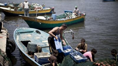 Palestinian fishermen offload their catch in the port of Gaza City after a 72-hour truce agreed by Israel and Hamas went into effect following intense global pressure to end the bloody conflict. Mahmud Hams / AFP Photo