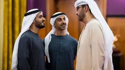 Dr Sultan Al Jaber, Minister of Industry and Advanced Technology, Sheikh Hamdan bin Mohamed, Deputy Chairman of the Presidential Court for Special Affairs, and Sheikh Zayed bin Mohamed speak during a reception at the Prime Minister's Office in Tirana