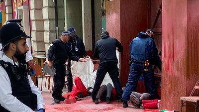 Palestine Action activists outside the building in Holborn, London. PA