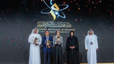 Sheikha Latifa bint Mohammed, chairwoman of Dubai Culture and Arts Authority and member of the Dubai Council, with some of the award winners. Photo: Dubai Media Office