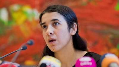 Nadia Murad Bansee Taha, a Yazidi woman from Iraq who was trafficked as a sex slave to ISIL militants, speaking at the state parliament in Hanover, Germany on May 31, 2016. She was appointed goodwill ambassador for the Dignity of Survivors of Human Trafficking by the UN office on drugs and crime (UNODC) on September 16, 2016 , the first time a survivor of atrocities is bestowed with this distinction. Julian Stratenschulte / EPA