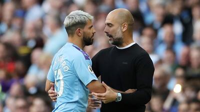 Soccer Football - Premier League - Manchester City v Tottenham Hotspur - Etihad Stadium, Manchester, Britain Manchester City manager Pep Guardiola talks with Sergio Aguero Action Images via Reuters