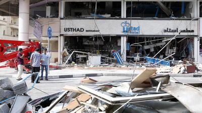 Damage caused by the gas explosion in the morning at the Usthad restaurant and hotel in the Al Maskan building in Karama in Dubai. Pawan Singh / The National