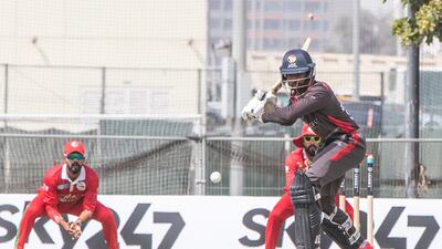 Viriitya Aravind bats for the UAE against Oman during the Cricket World Cup League 2 match at the ICC Academy in Dubai.