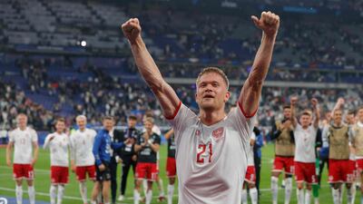 Denmark's forward Andreas Cornelius celebrates after the win over France. AFP