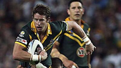 Kurt Gidley in action for Australia against New Zealand. In the same match he suffered a knee injury.