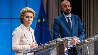 Ursula von der Leyen, European Commission president, left, speaks while Charles Michel, president of the European Union (EU) Council, listens during a news conference following talks with Turkey in Brussels, Belgium, on Monday, March 9, 2020. Bloomberg