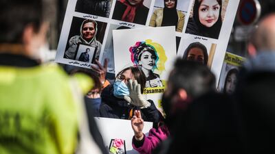 Activists join a solidarity protest for Iranian human rights activist Yasaman Aryani and other activists in jail, near the Iranian embassy in Paris, France. EPA