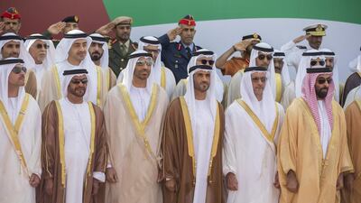Sheikh Hazza bin Zayed, Security Advisor for the United Arab Emirates and Vice Chairman of the Abu Dhabi Executive Council, Sheikh Suroor bin Mohammed, Sheikh Saeed bin Zayed, Abu Dhabi Ruler’s Representative, Sheikh Nahyan bin Zayed, the Chairman of the Board of Trustees of Zayed bin Sultan Al Nahyan Charitable and Humanitarian Foundation, Lt General Sheikh Saif bin Zayed, Deputy Prime Minister and Minister of Interior and Sheikh Tahnoon bin Zayed, Deputy National Security Advisor and Chairman of the Presidential Aviation Authority, at the flag raising ceremony. Donald Weber / Crown Prince Court - Abu Dhabi