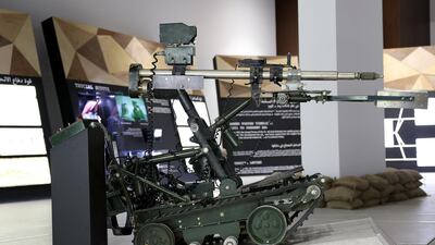 A Wheel Barrow Robot Mark 8 mine clearing vehicle used in the Amiri Guard and in field engineering from 1988 to 1995 on display at the UAE Armed Forces Exhibition held at Etihad Museum in Dubai. Pawan Singh / The National