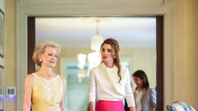 Queen Rania, in a pink Valentino skirt with an ivory Celine blouse, attends a lunch hosted by Grace Nelson, wife of Nasa Administrator and former Senator Bill Nelson, in Washington DC on Tuesday, July 20.