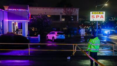 epa09078992 Atlanta Police Department officers investigate the scene of a shooting outside a spa on Piedmont Road in Atlanta, Georgia, USA. At least eight people were reported dead following a string of shootings at three metro Atlanta massage parlors. EPA