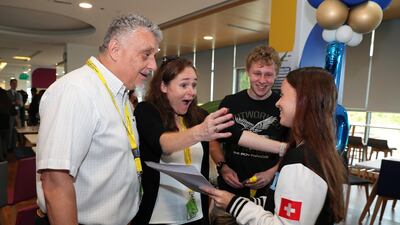 Naja Lena celebrating with her family after getting the IB results at the GEMS Wellington Academy