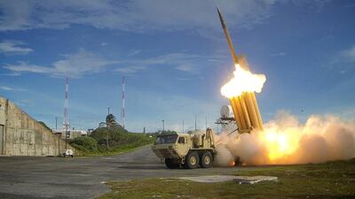 A Terminal High Altitude Area Defence (THAAD) interceptor is launched during a successful test in this undated handout photo provided by the US Department of Defence, Missile Defence Agency. Reuters