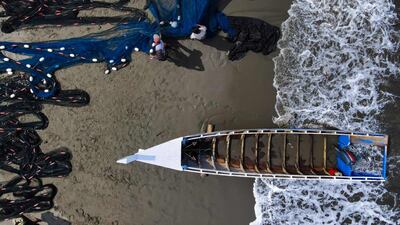 Fishermen collect fish from their net at a beach in Banda Aceh. AFP