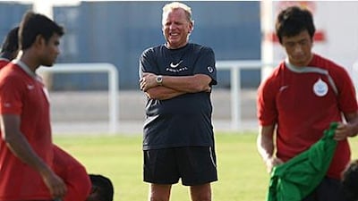 India coach Bob Houghton, centre, overlooks a training session in Dubai. He wants his team to be prepared for the 2011 Asian Cup so he plans to keep his team together for eight months prior to the tournament.