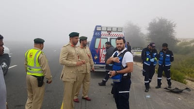 Nine people are injured in a traffic accident involving 28 vehicles on Thursday. Courtesy Dubai Police