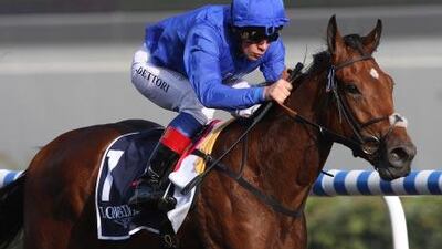 Ridden by Frankie Dettori, Gamilati, right, steamed ahead of the pack around the last bend to win the UAE 1,000 Guineas Trial at Meydan Racecourse earlier this month.