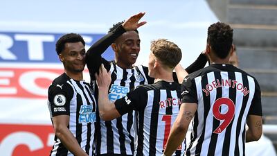 Newcastle United's Joe Willock celebrates scoring their third goal with Matt Ritchie, Jacob Murphy and Joelinton against West Ham at St James' Park on Saturday, April 17. Reuters