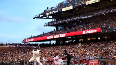 Pablo Sandoval #48 of the San Francisco Giants at bat in the fourth inning while taking on the St. Louis Cardinals during Game Five of the National League Championship Series at AT&T Park on October 16, 2014 in San Francisco, California. Christian Petersen/Getty Images
