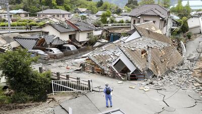 Resident houses are seen destroyed after an earthquake in Mashiki, Kumamoto prefecture, southern Japan. Yusuke Ogata / Kyodo News via AP