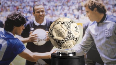 The football used by Maradona to score the 'hand of God' goal at the 1986 World Cup quarter-finals between Argentina and England is on display at Wembley before its auction later this month. PA