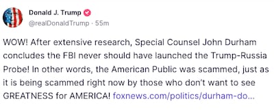 Former president Donald Trump responds to Special Counsel John Durham's report on the Trump-Russia probe. Photo: Screengrab