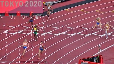 USA's Sydney Mclaughlin runs the final bend of the women's 400m hurdles final.