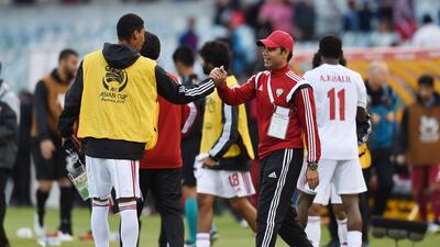 UAE coach Mahdi Ali, right, has earned glowing plaudits from the president of the UAE Football Association, Yousef Al Serkal. Courtesy: UAE FA