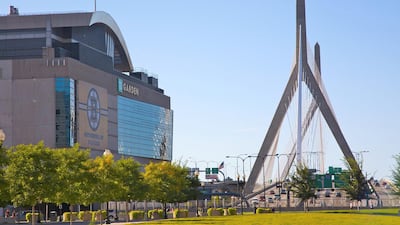 The TD Garden is home to the Boston Celtics and Boston Bruins. The Zakim Bridge is also seen.